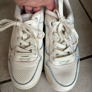Skechers Womens Cream, Pink, and Blue Sneakers